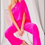 One Shoulder 3/4 Sleeve Unbalanced Waist Elastic Solid Pants Jumpsuit