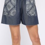 Denim And Print Pockets Elastic Waist Shorts With Raw Hem