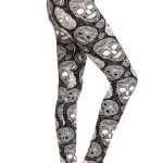 Long Yoga Style Banded Lined Skull Printed Knit Legging With High Waist