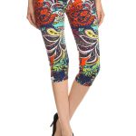 Multi-Color Ornate Print Cropped Length Fitted Leggings With High Elastic Waist.