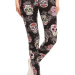 5-Inch Long Yoga Style Banded Lined Skull Printed Knit Legging With High Waist