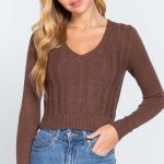Long Sleeve V-Neck Cable Sweater