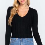 Long Sleeve V-Neck Cable Sweater