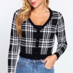 Long Sleeve V-Neck Fitted Button Down Plaid Sweater Cardigan