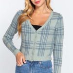 Long Sleeve V-Neck Fitted Button Down Plaid Sweater Cardigan