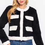 Long Sleeve Pocket Detail Faux Fur Jacket