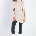 Ecru Cotton Blend Knit Ribbed Turtle Neck Sweater