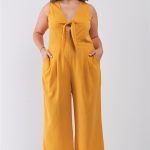 Plus Size Sleeveless V-Neck Self-Tie Front Detail Wide Leg Jumpsuit