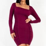 U-Neck Long Sleeve Ruched Bodycon Mini Dress