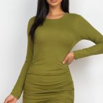 Ribbed Long Sleeve Drawstring Bodycon Dress