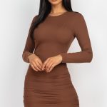 Ribbed Long Sleeve Drawstring Bodycon Dress