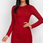 Ribbed Long Sleeve Drawstring Bodycon Dress