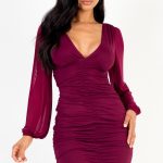 Ruched Mesh Long Sleeve V-Neck Mini Dress