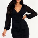 Ruched Mesh Long Sleeve V-Neck Mini Dress