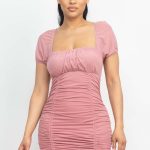 Ruched Square Neck Mesh Sleeve Dress