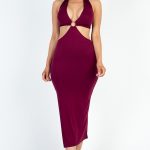 Cut-Out Halter Neck Double Back Tie Split Thigh Midi Dress