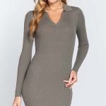 Long Slv V-Neck Sweater Rib Mini Dress