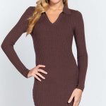 Long Slv V-Neck Sweater Rib Mini Dress