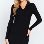 Long Slv V-Neck Sweater Rib Mini Dress