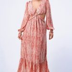 Printed V Neck Self Belted Side Cut Out Ruffled Maxi Dress