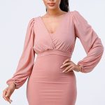Lux Mesh Layered Lining V Neck Bubble Slv Bodycon Dress