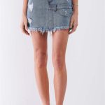 Medium Blue Denim High-Waist Distressed Effect Asymmetrical Trim Raw Hem Detail Mini Skirt