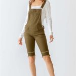 Olive Denim Distressed Detail Raw Hem Cropped Bermuda Overall