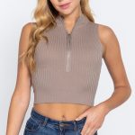 Sleeveless Rib Sweater Top W/Zipper