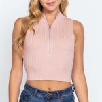 Sleeveless Rib Sweater Top W/Zipper