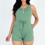 Sleeveless Drawstring Waist Button Tank Romper
