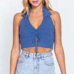 Halter Ruched Crop Sweater Knit Top