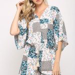 Patchwork Printed Surplice Romper With Waist Tassel Tie And Bottom Lining