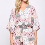 Patchwork Printed Surplice Romper With Waist Tassel Tie And Bottom Lining