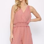 Textured Woven And Smocking Waist Romper With Back Open And Tie