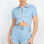 Belted Zip-Up Denim Romper