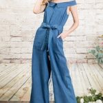 Fold-Over Collar Detailed Button Down Off-Shoulder Chambray Denim Wide Leg Palazzo Jumpsuit With Waist Tie