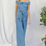 Fold-Over Collar Detailed Button Down Off-Shoulder Chambray Denim Wide Leg Palazzo Jumpsuit With Waist Tie