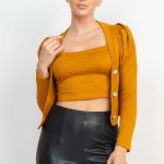 Geometric Cami Puff Sleeves Blazer Top Set