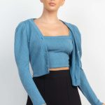 Geometric Cami Puff Sleeves Blazer Top Set