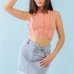 Dark Peach Ribbed Inside-Out Sleeveless Mock Neck Crop Top