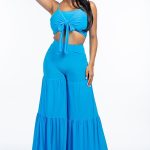 Solid Tie Front Spaghetti Strap Tank Top And Tiered Wide Leg Pants Two Piece Set