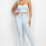 Plaid Houndstooth Cami Crop Top & Belted Pants Set