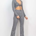 Plaid Cut-Out Long Sleeve Top & Pants Set