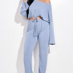 Solid French Terry Long Sleeve Tie Front Slouchy Top And Jogger Pants Two Piece Set