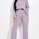 Solid French Terry Long Slouchy Long Sleeve Top And Pants With Pockets Two Piece Set