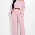 Solid French Terry Long Slouchy Long Sleeve Top And Pants With Pockets Two Piece Set