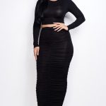 Solid Heavy Rayon Spandex Long Sleeve Cropped Top And Ruched Maxi Skirt Two Piece Set