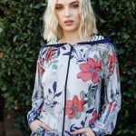 Navy Rust Flower Print Zip-Up Contrast Striped Hood Sweater