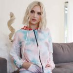 Feather & Tie-Dye Print Contrast Plaid Hood Sweater