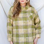 Plus Lime Cotton & Linen Blend Textured Plaid Shirt Top